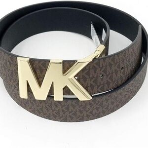 Michael Kors Dark Brown MK Logo & Black Reversible Belt with Gold Buckle-Size M